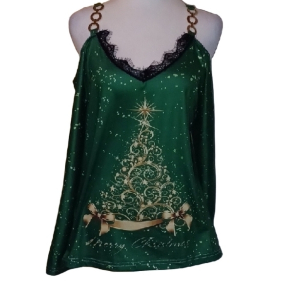 💙🏍Green Christmas Tree Women's Top With Pickaboo Sleeves - Picture 2 of 13